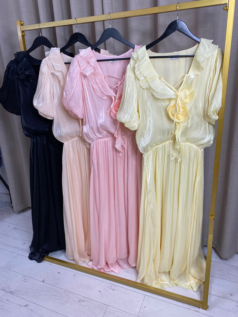 Edrea Shimmer Organza Rose Detail Maxi Dress