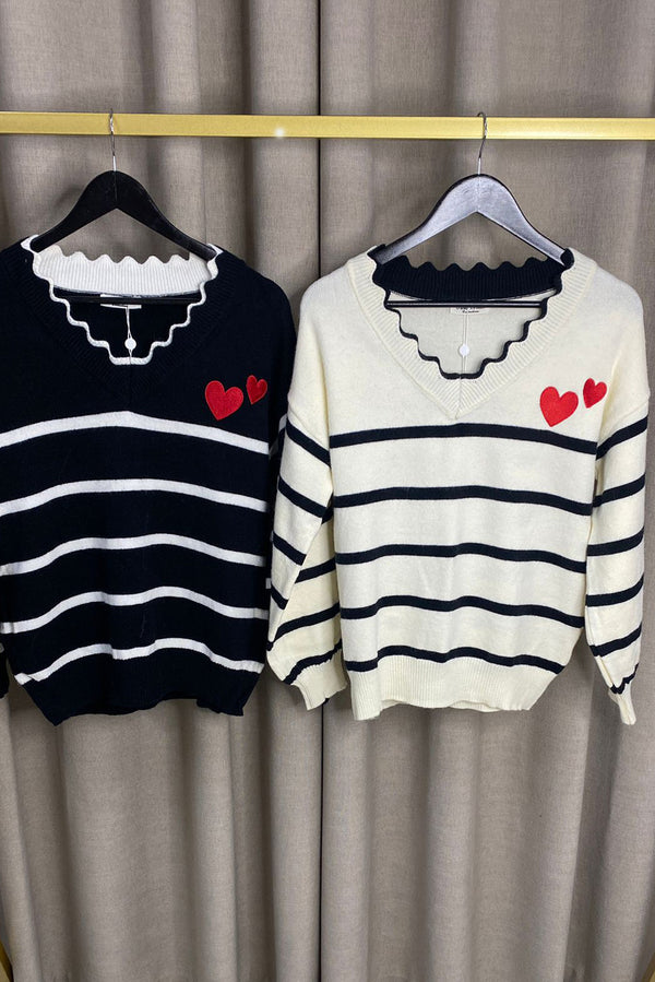 Brandie Heart Embroidered Scallop Neck Stripe Knit Jumper