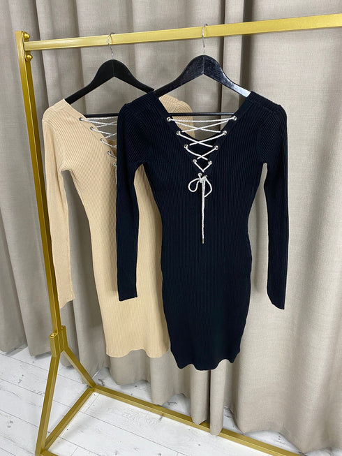 Raigain Embellished Back Tie Ribbed Dress