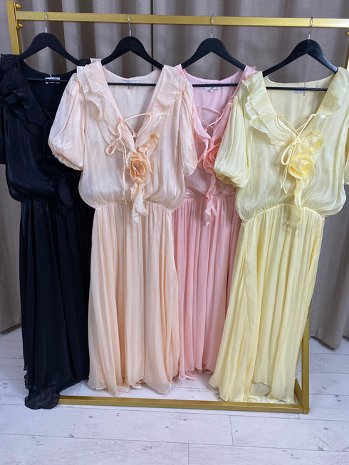 Edrea Shimmer Organza Rose Detail Maxi Dress