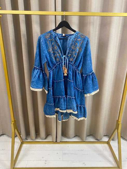 Ashti Denim Embellished Tiered Mini Dress