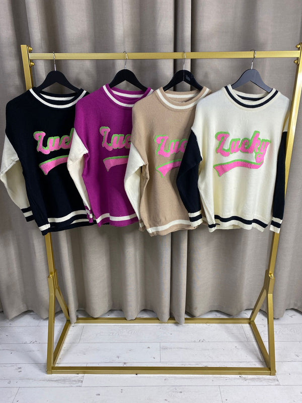 Almanda Knit Jumper Embroidered Lucky Slogan
