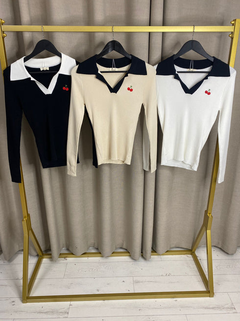 Jennia Cherry Embroidered Collared Ribbed Top