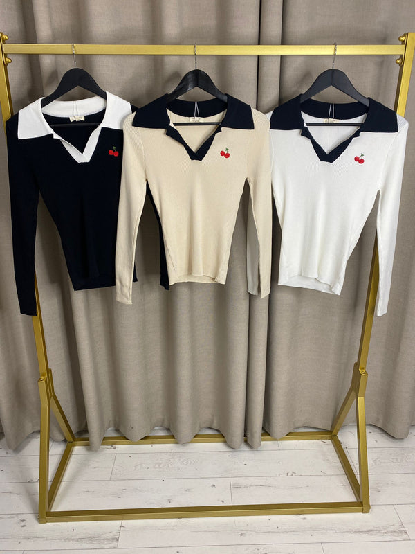 Jennia Cherry Embroidered Collared Ribbed Top