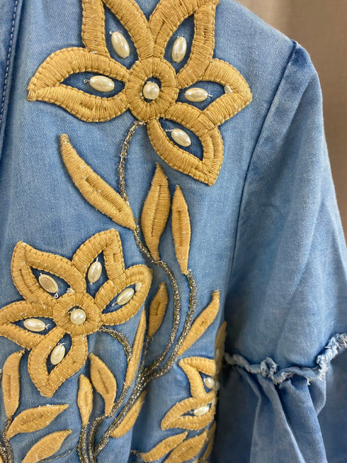 Maurvin Denim Blue Embroidered Tiered Dress