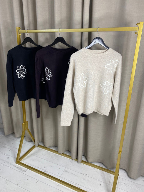 Jazmyne Knitted Jumper with Embroidered Flower Design
