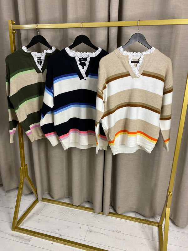 Ardyn Striped Knitwear with Lace Detail Collar