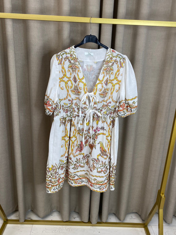 Sharonne Graphic Print Tie Front Mini Dress