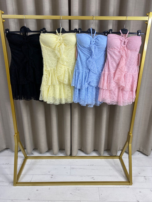 Vanille Lace Frill Tie Neck Mini Dress