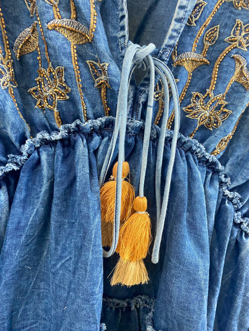 Ashti Denim Embellished Tiered Mini Dress