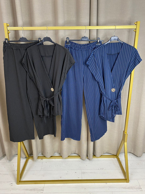 Numidia Stripe Gold Button Waistcoat and Wide Leg Trousers Co-Ord Set