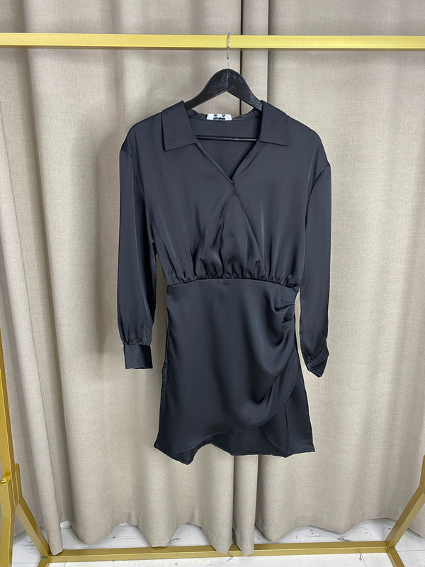 Denai Black Satin Wrap Mini Dress
