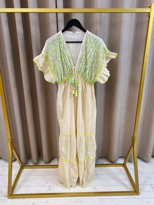 Sharren Embellished Ruffle Sleeves Cotton Dress