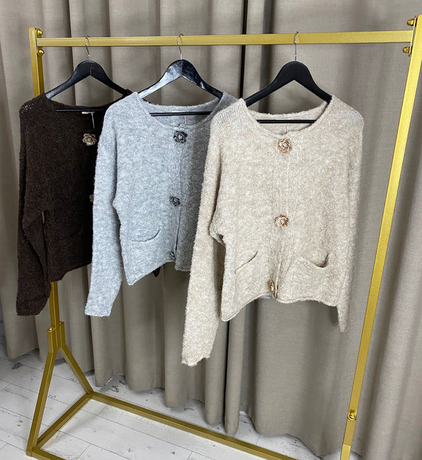 Tyna Soft Knitted Cardigan with Flower Button Detail