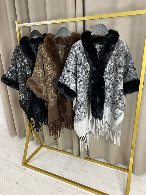 Karcie Luxury Faux Fur Trim Cape Poncho with Fringe Hem