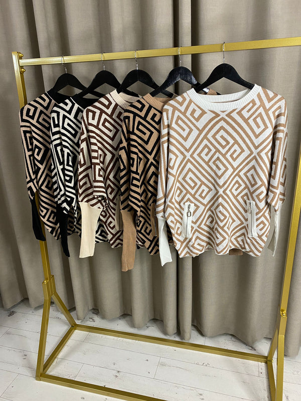 Edythe Batwing Sleeves Geo Print Jumper