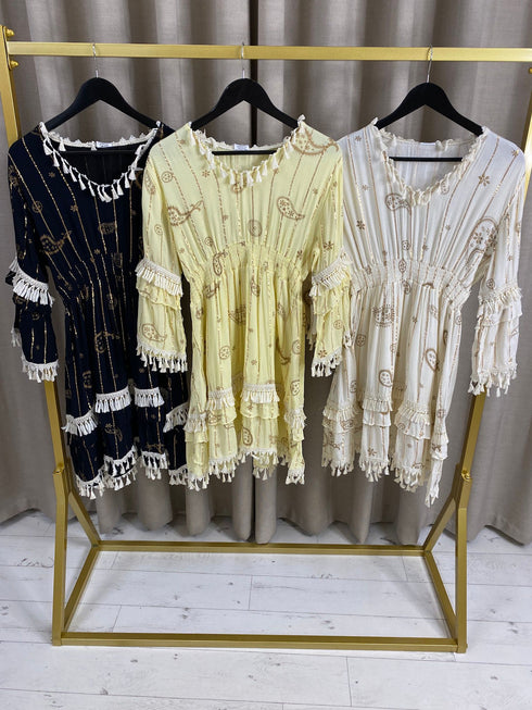 Keren Tiered Tassel Details Gold Foil Dress