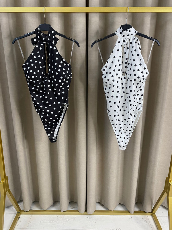 Shakeena Polka Dot Halterneck Cut Out Bodysuit