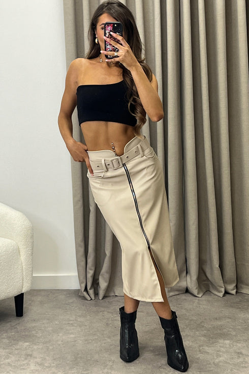 Ausha Faux Leather PU Belted Zip Up Midi Skirt