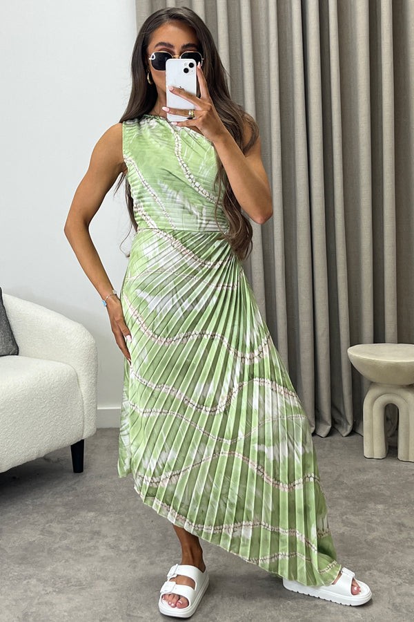 Celeste Abstract Tie Dye Print One Shoulder Pleated Satin Maxi Dress