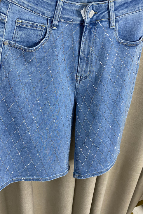 Leanne Rhinestone Embellished Criss Cross Longline Denim Shorts