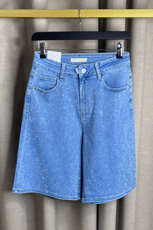 Leanne Rhinestone Embellished Criss Cross Longline Denim Shorts
