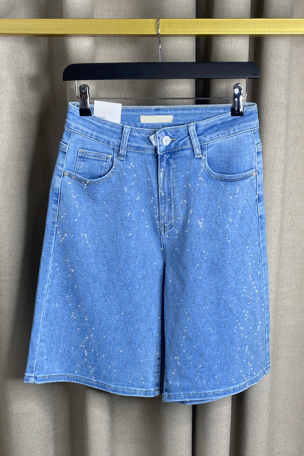 Leanne Rhinestone Embellished Criss Cross Longline Denim Shorts