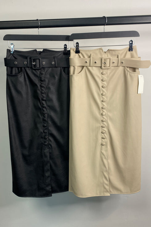 Samena Faux Leather PU Belted Button Detail Midi Skirt