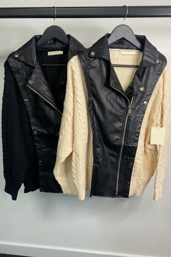 Breanne Faux Leather PU Studded Zip Up Knit Biker Cardigan Jacket