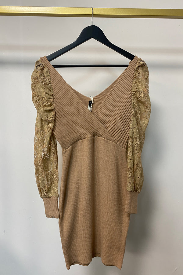 Nevra Wrap Front Lace Sleeve Ribbed Knit Midi Dress