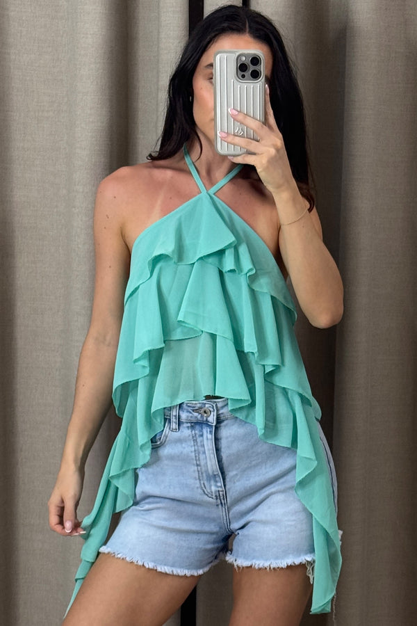 Saffie Chiffon Ruffle Drape Halterneck Top