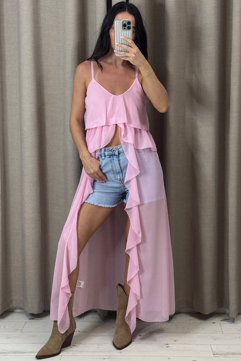 Kianne Chiffon Ruffle Drape Longline Top
