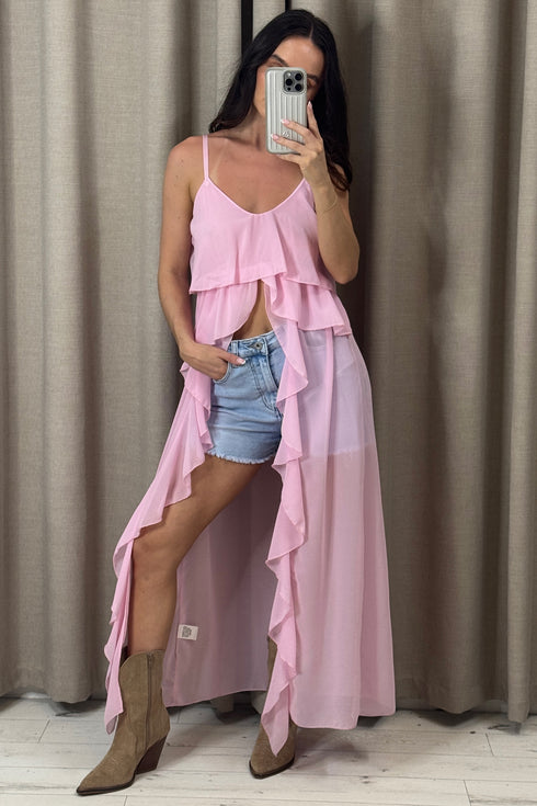 Kianne Chiffon Ruffle Drape Longline Top