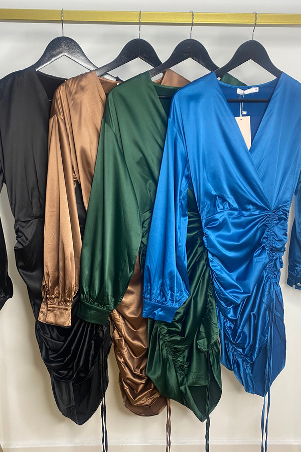 Julianne Satin Ruched Plunge Midi Dress