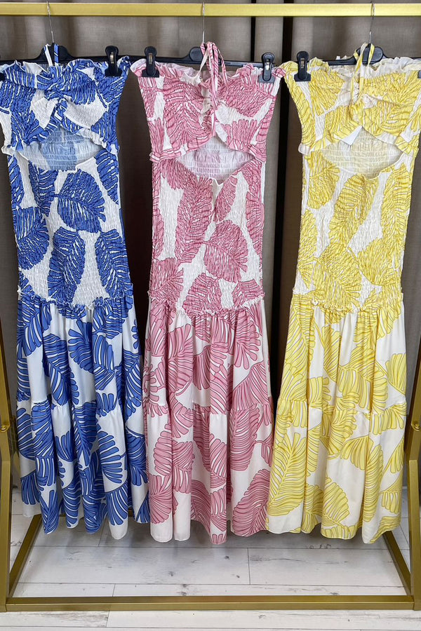 Kadey Palm Print Shirred Halter Neck Cut Out Tiered Maxi Dress