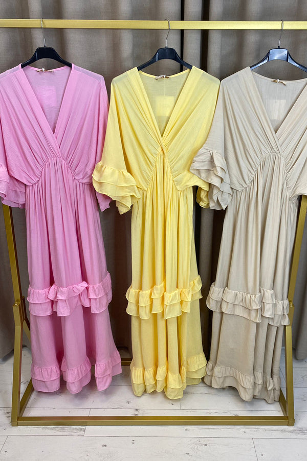 Ellece Ruffle Tiered Wrap Neckline Maxi Dress