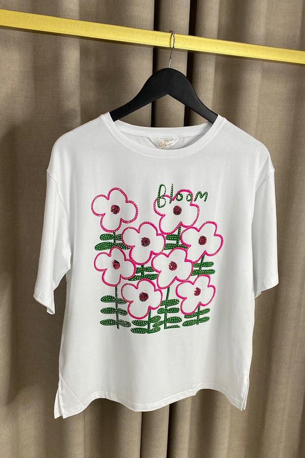 Poppy Diamante Embellished Flower Graphic Print Oversized T-Shirt