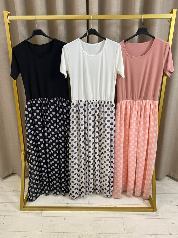 Claudina Polka Dot Ribbed Top Tulle Maxi Dress