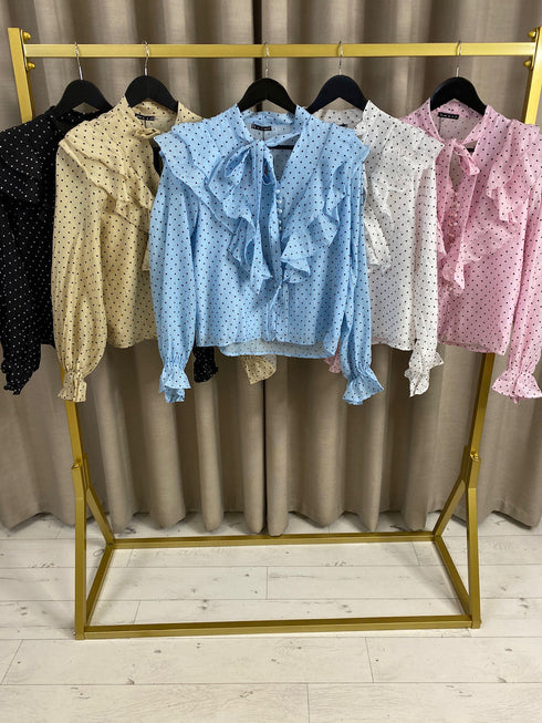 Eylee Ruffle Button Up tie Polka Dot Blouse