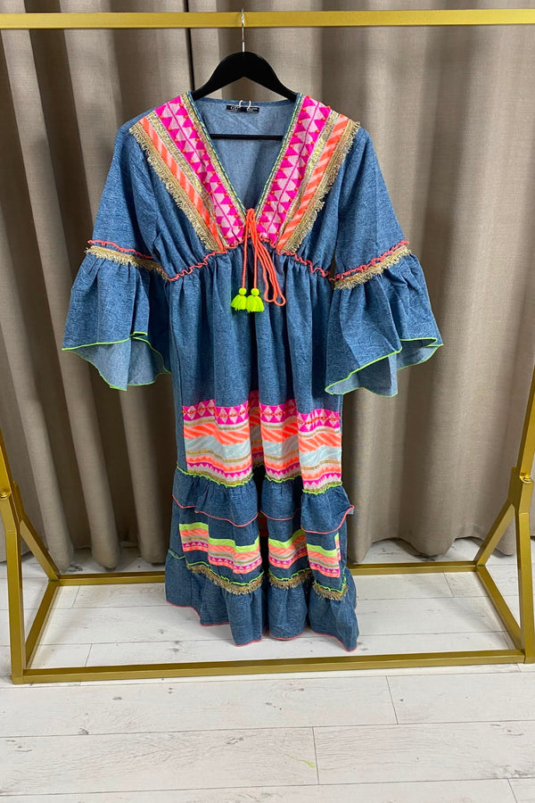 Alucia Denim Tiered Tassel Neon Detail Maxi Dress