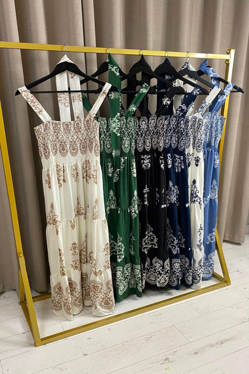 Riley Printed Shirred Top Belted Dress