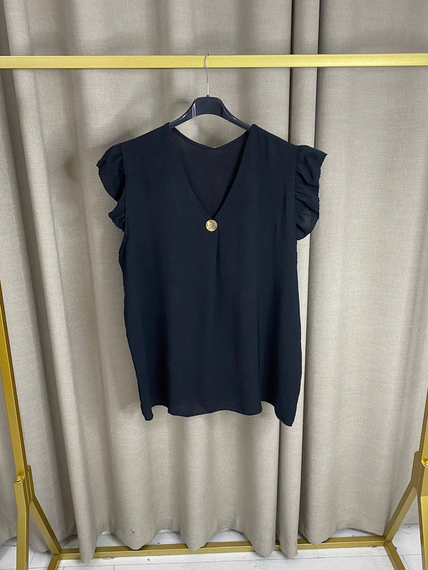 Bosheela Ruffle Sleeves Gold Button Detail Top