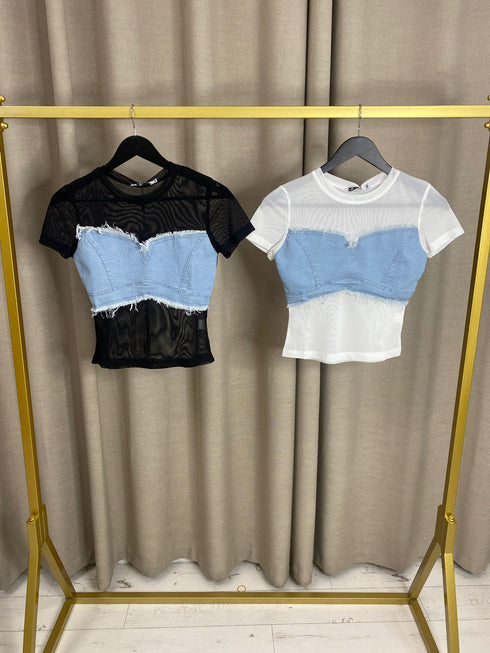 Lauren-Lou Sheer Mesh Top With Denim Panel