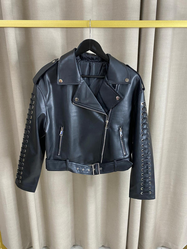 Eloghosa Faux Leather Lace Up Sleeve Biker Jacket