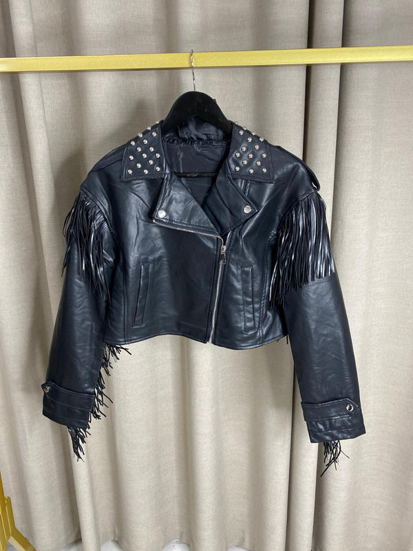 Studded Fringe Faux Leather Cropped Biker Jacket