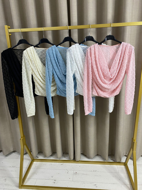 Sabera Cowl Neck Draped Lace Long Sleeve Top