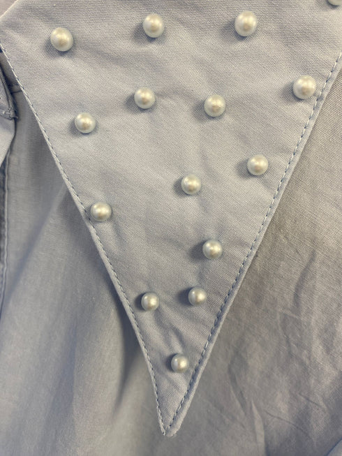 Nalah Pearl Collar Cotton Button Up Top