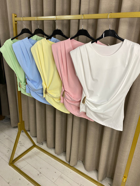 Elegant Padded Shoulder Slinky Top with Gold Detail