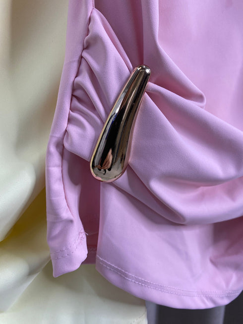 Elegant Padded Shoulder Slinky Top with Gold Detail