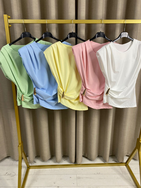 Elegant Padded Shoulder Slinky Top with Gold Detail